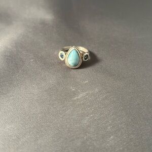 Elegant Silver, Blue Topaz and Larimar Teardrop Ring with Decorative Accents